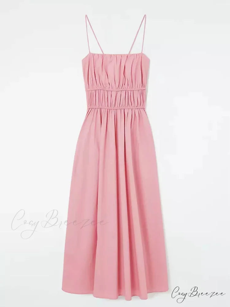 Suspender Pleated Stylish Waist Midi Dress