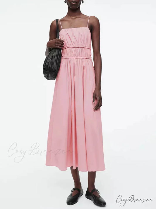 Suspender Pleated Stylish Waist Midi Dress Pink / S