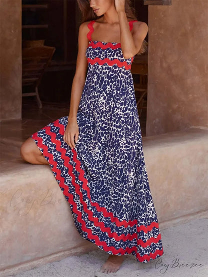 Suspender Print Stylish Maxi Dress Dark Blue / S