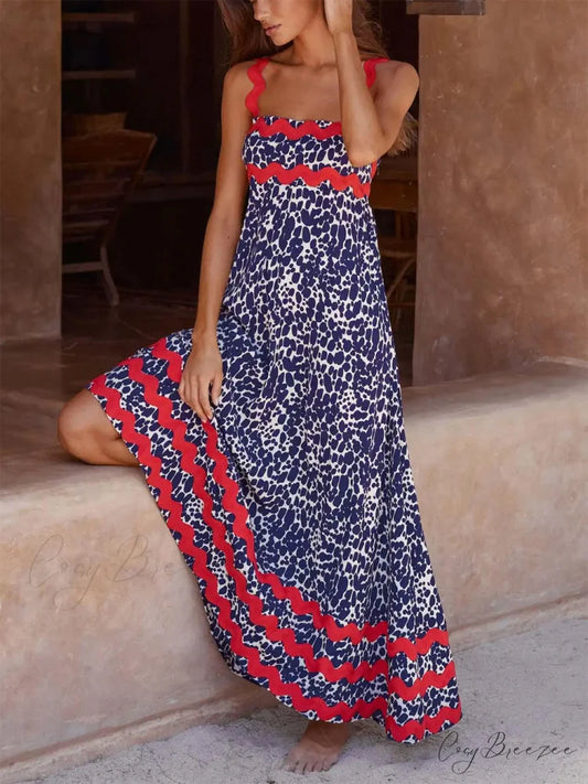 Suspender Print Stylish Maxi Dress Dark Blue / S