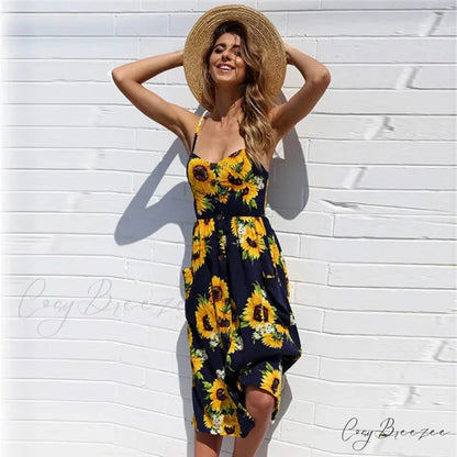 Suspender V-neck Sleeveless Floral Vacation Dress Navy blue / S oldfloraldress-250126