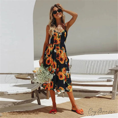 Suspender V-neck Sleeveless Floral Vacation Dress oldfloraldress-250126