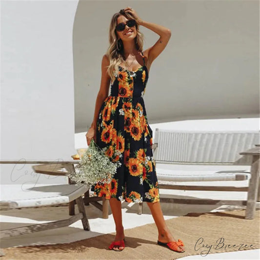 Suspender V-neck Sleeveless Floral Vacation Dress oldfloraldress-250126