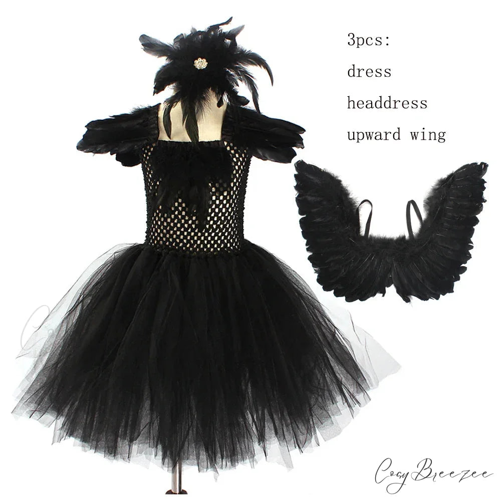 Swan Lake Ballerina Gothic Witch Dress Kid Costumes BLACK SWAN 3pcs A / M (4-5Y)