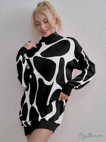 Sweater Gown with Mock Neck Contrast Black / One Size