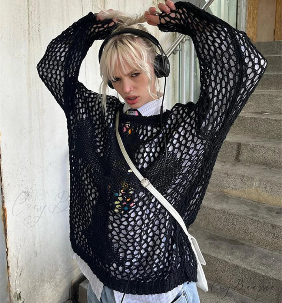 Sweater Loose Y2K Harajuku Top Knit Fairycore Retro Out Smock Warm-Season Grunge Vintage Hollow Pullovers Crewneck