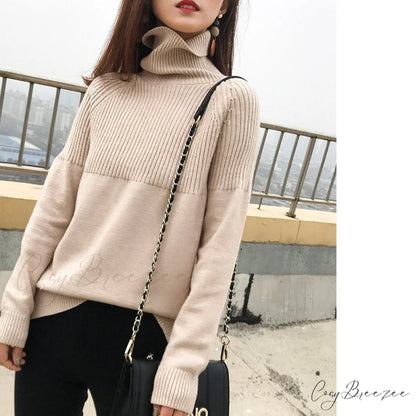 Sweater New Autumn/Winter Solid Neckline 2024 Color Winter Loose Blouse Pullover Ladies High Jumpers Beige / S