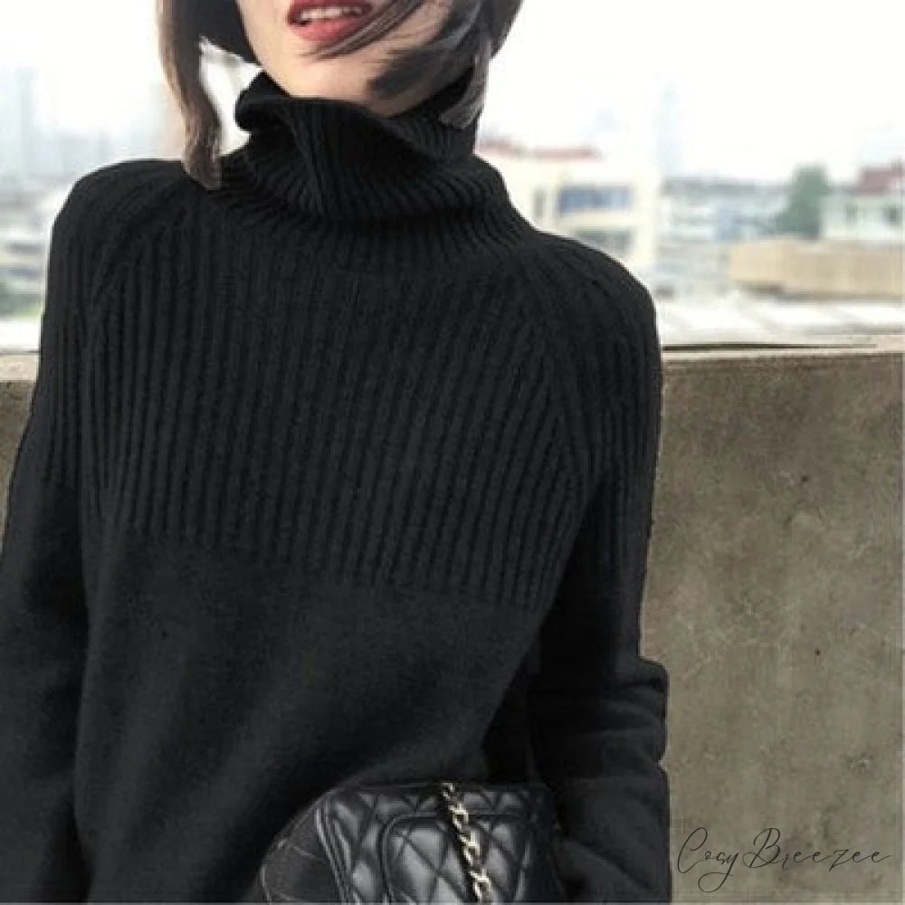 Sweater New Autumn/Winter Solid Neckline 2024 Color Winter Loose Blouse Pullover Ladies High Jumpers Black / S