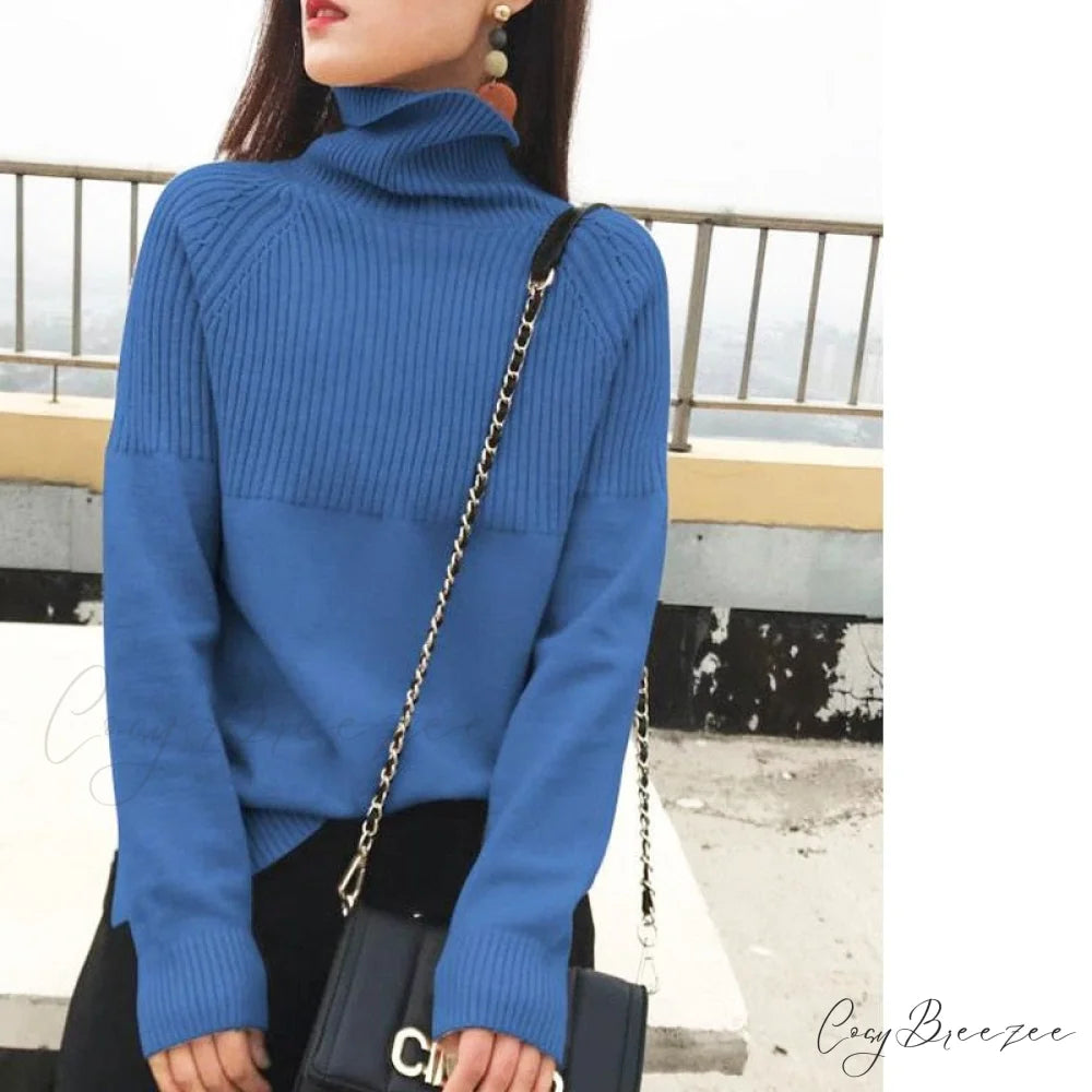 Sweater New Autumn/Winter Solid Neckline 2024 Color Winter Loose Blouse Pullover Ladies High Jumpers Blue / S
