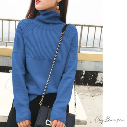 Sweater New Autumn/Winter Solid Neckline 2024 Color Winter Loose Blouse Pullover Ladies High Jumpers Blue / S