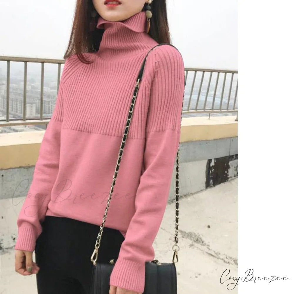 Sweater New Autumn/Winter Solid Neckline 2024 Color Winter Loose Blouse Pullover Ladies High Jumpers Pink / S