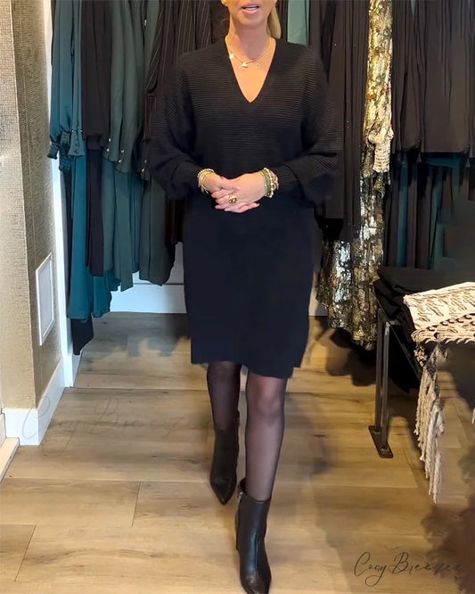 Sweater V-Neck Color Solid Dress Black / S