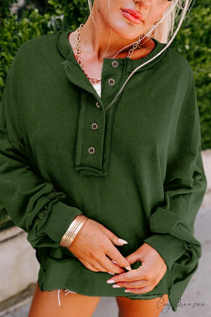 Sweatshirt Blackish Drop - Shoulder Henley Buttons Green Blackish Green / S / 85% Polyester + 15% Cotton