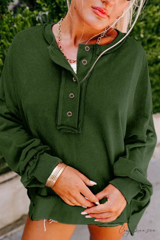 Sweatshirt Blackish Drop - Shoulder Henley Buttons Green Blackish Green / S / 85% Polyester + 15% Cotton