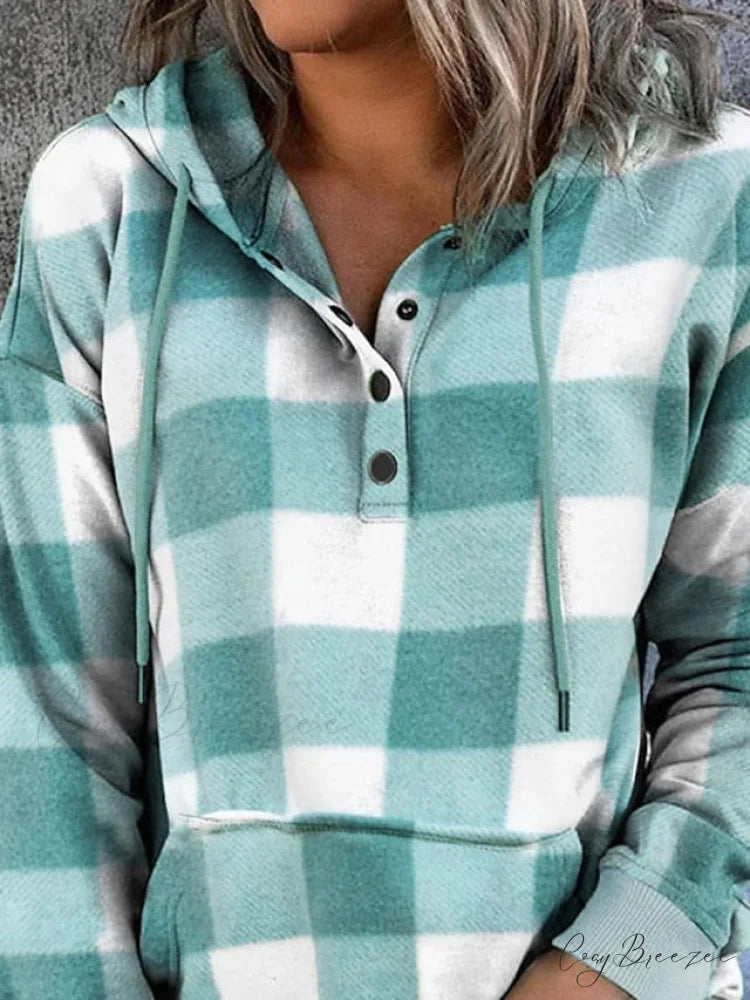 Sweatshirt Hoodie and Women’s Front Button Drawstring Plaid with Pocket