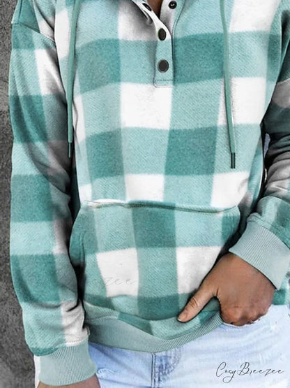 Sweatshirt Hoodie and Women’s Front Button Drawstring Plaid with Pocket