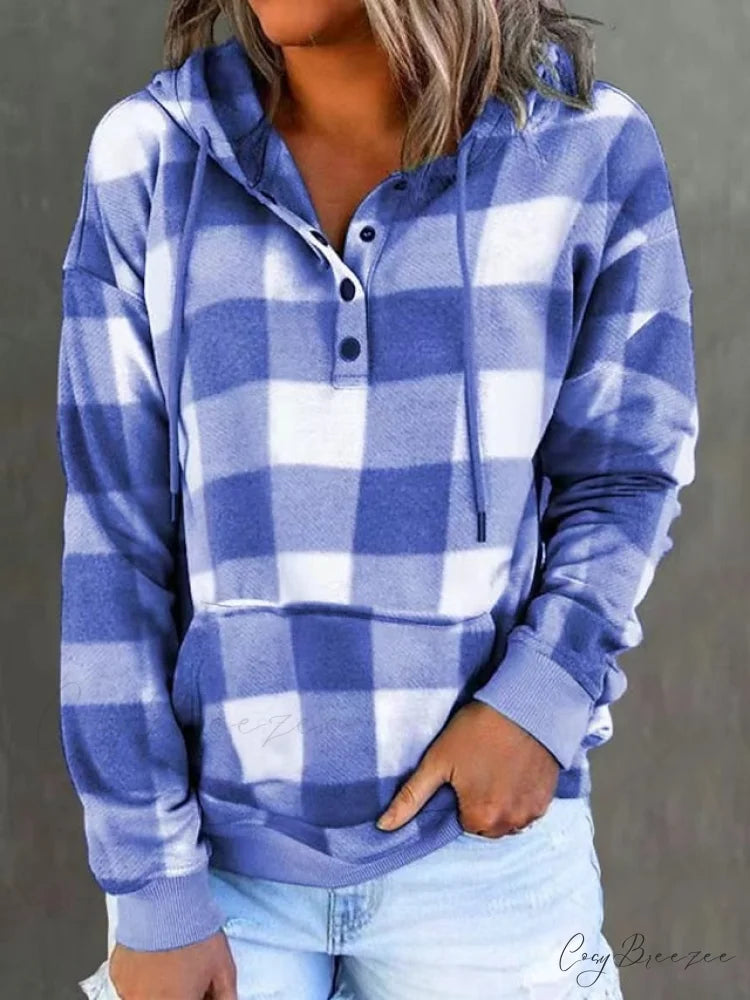 Sweatshirt Hoodie and Women’s Front Button Drawstring Plaid with Pocket Blue / S