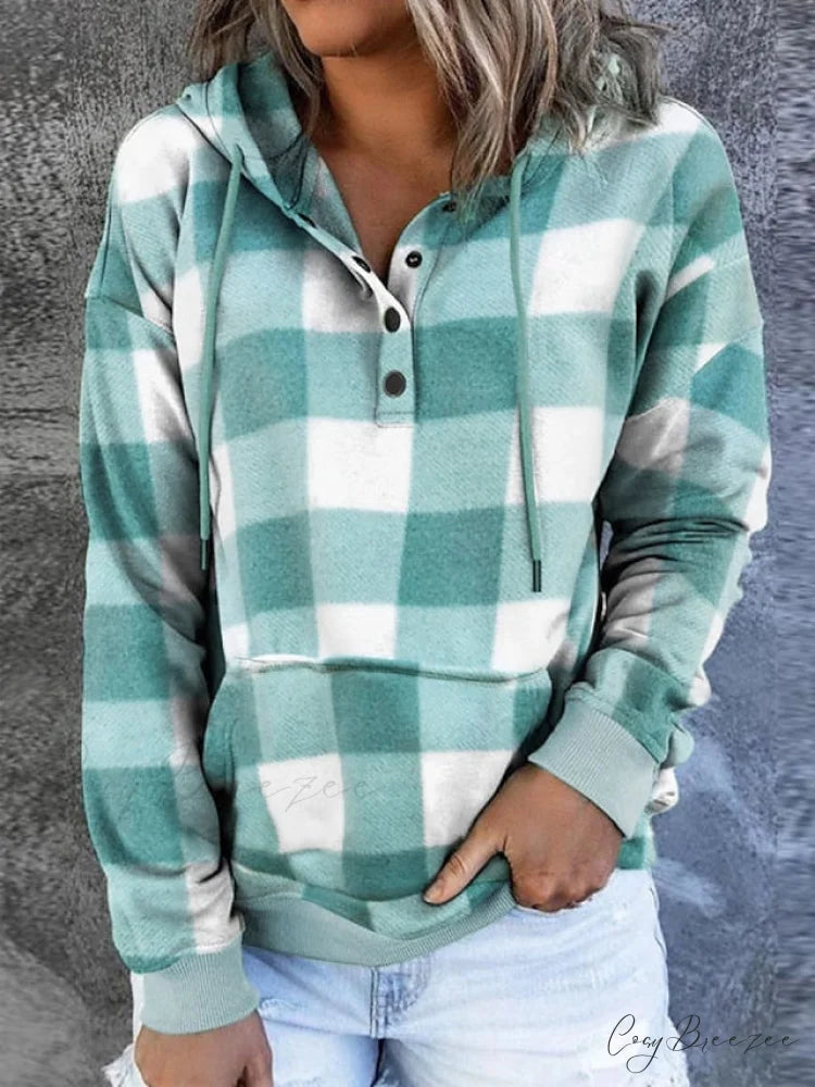 Sweatshirt Hoodie and Women’s Front Button Drawstring Plaid with Pocket Green / S