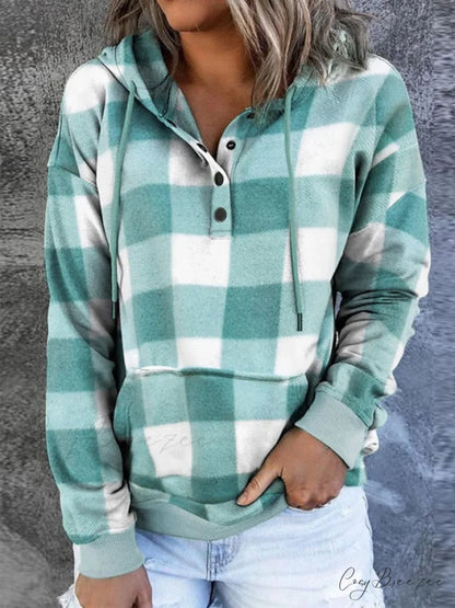 Sweatshirt Hoodie and Women’s Front Button Drawstring Plaid with Pocket Green / S