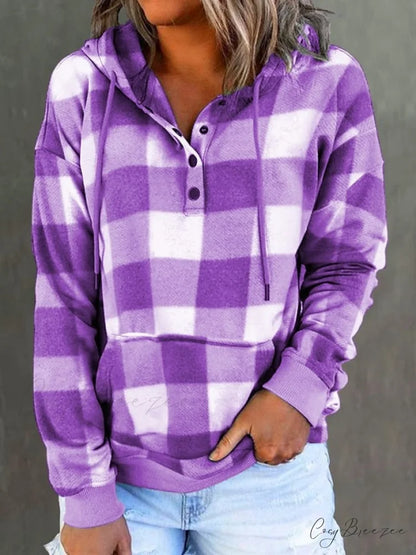 Sweatshirt Hoodie and Women’s Front Button Drawstring Plaid with Pocket Purple / S