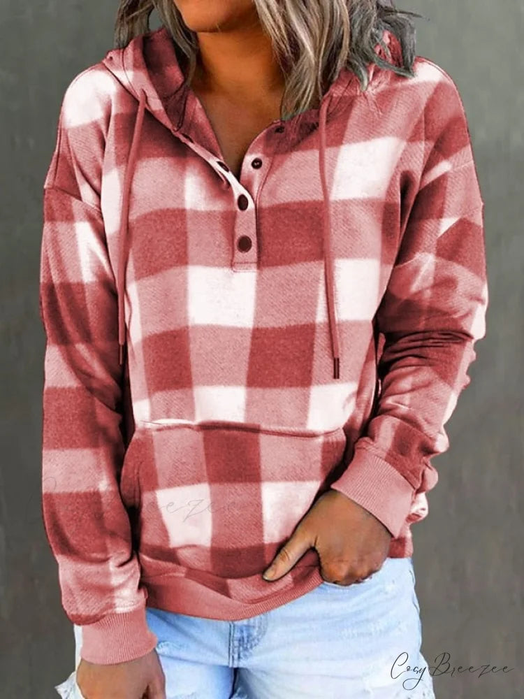 Sweatshirt Hoodie and Women’s Front Button Drawstring Plaid with Pocket Red / S