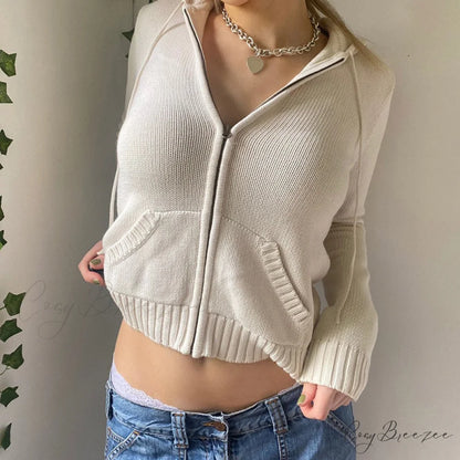 Sweatshirts Hoodies Zip-up Women鈥檚 Long Cardigan Solid Knit Y2K Color Drawstring Casual Sweaters Arm Clothing