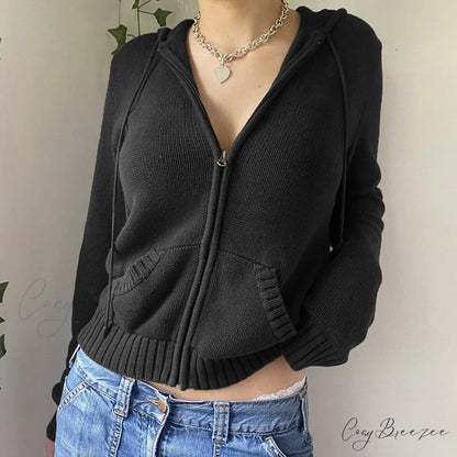 Sweatshirts Hoodies Zip-up Women鈥檚 Long Cardigan Solid Knit Y2K Color Drawstring Casual Sweaters Arm Clothing Black / S