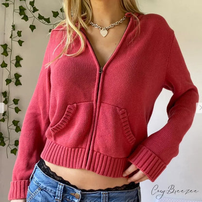 Sweatshirts Hoodies Zip-up Women鈥檚 Long Cardigan Solid Knit Y2K Color Drawstring Casual Sweaters Arm Clothing Red / S