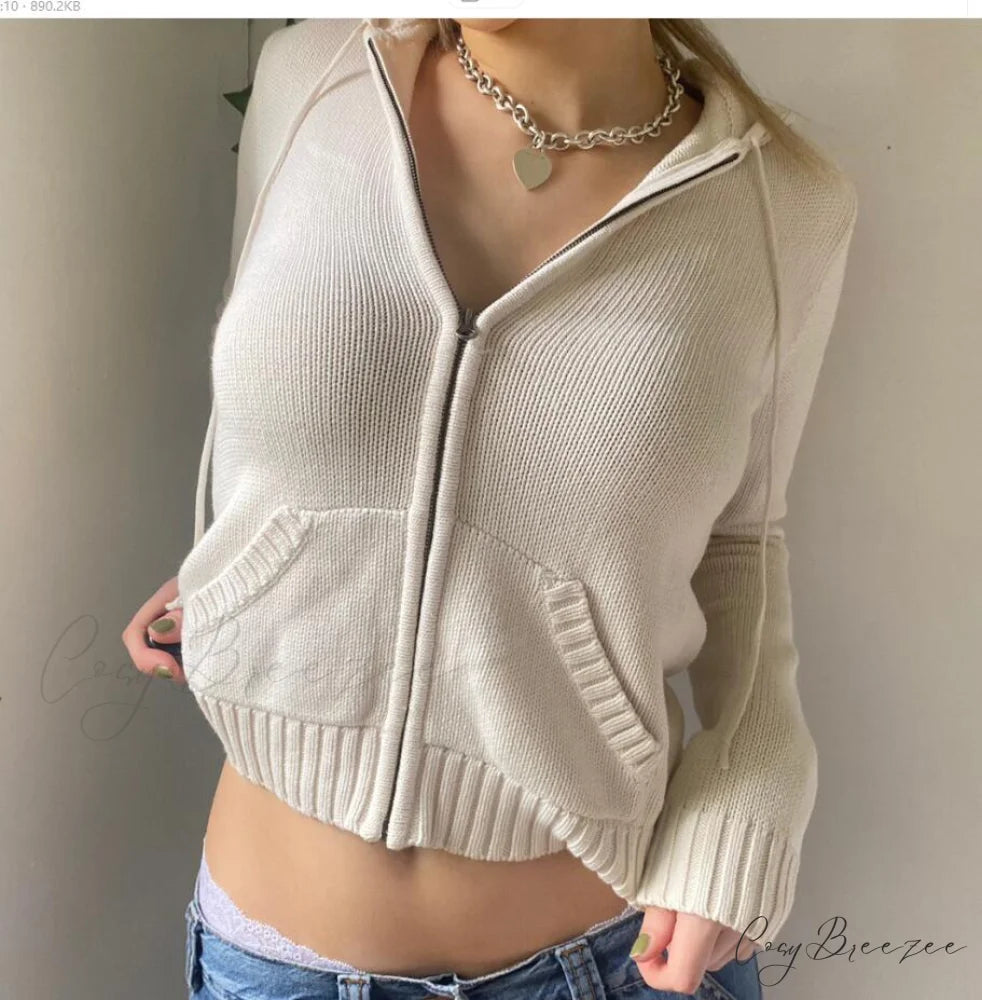 Sweatshirts Hoodies Zip-up Women鈥檚 Long Cardigan Solid Knit Y2K Color Drawstring Casual Sweaters Arm Clothing White / S