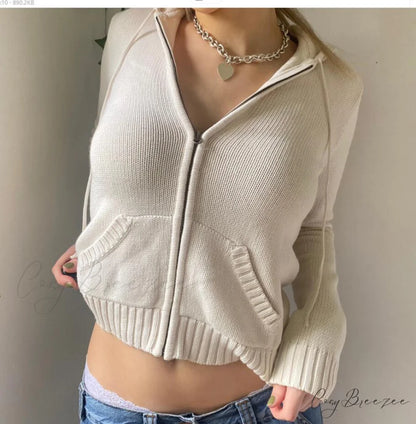 Sweatshirts Hoodies Zip-up Women鈥檚 Long Cardigan Solid Knit Y2K Color Drawstring Casual Sweaters Arm Clothing White / S