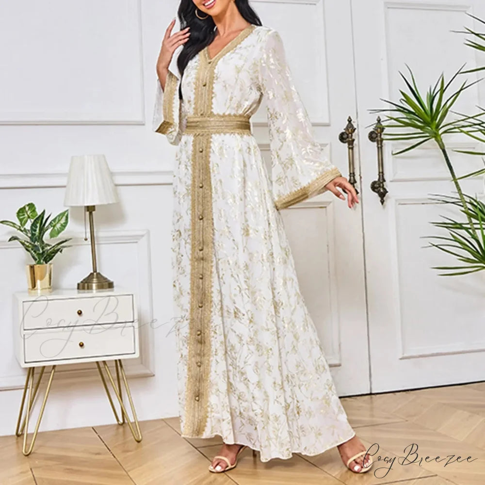 Sweet Black Ruched Chiffon Trumpet-Sleeve Long Princess Vintage Party Dress Gold / S
