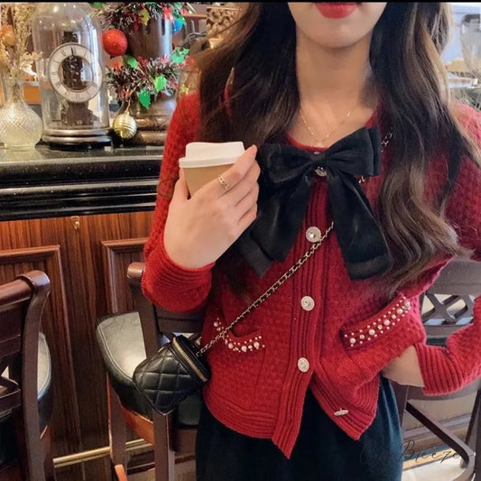 Sweet Bow Beaded Red Cropped Cardigan Red / One Size