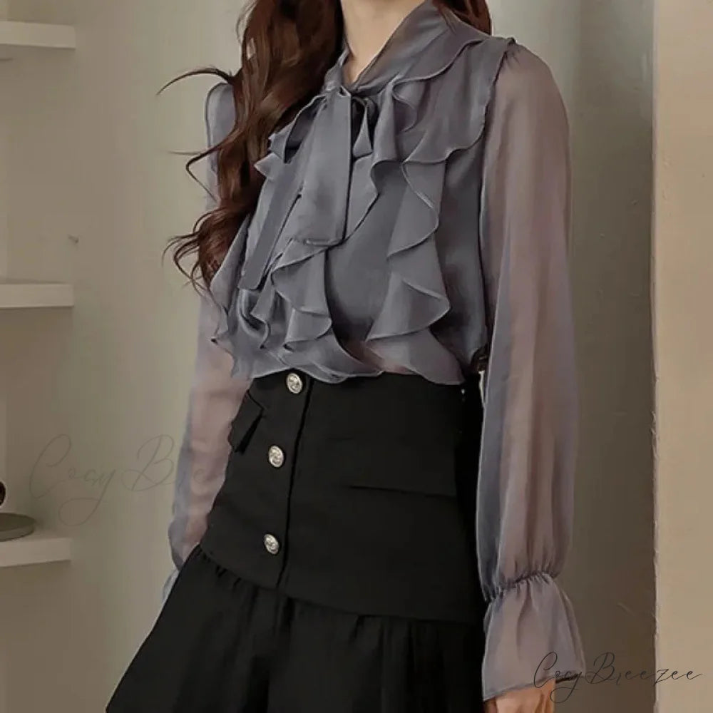 Sweet Bow Chiffon Casual Long Sleeve Crop Top blouse-250126