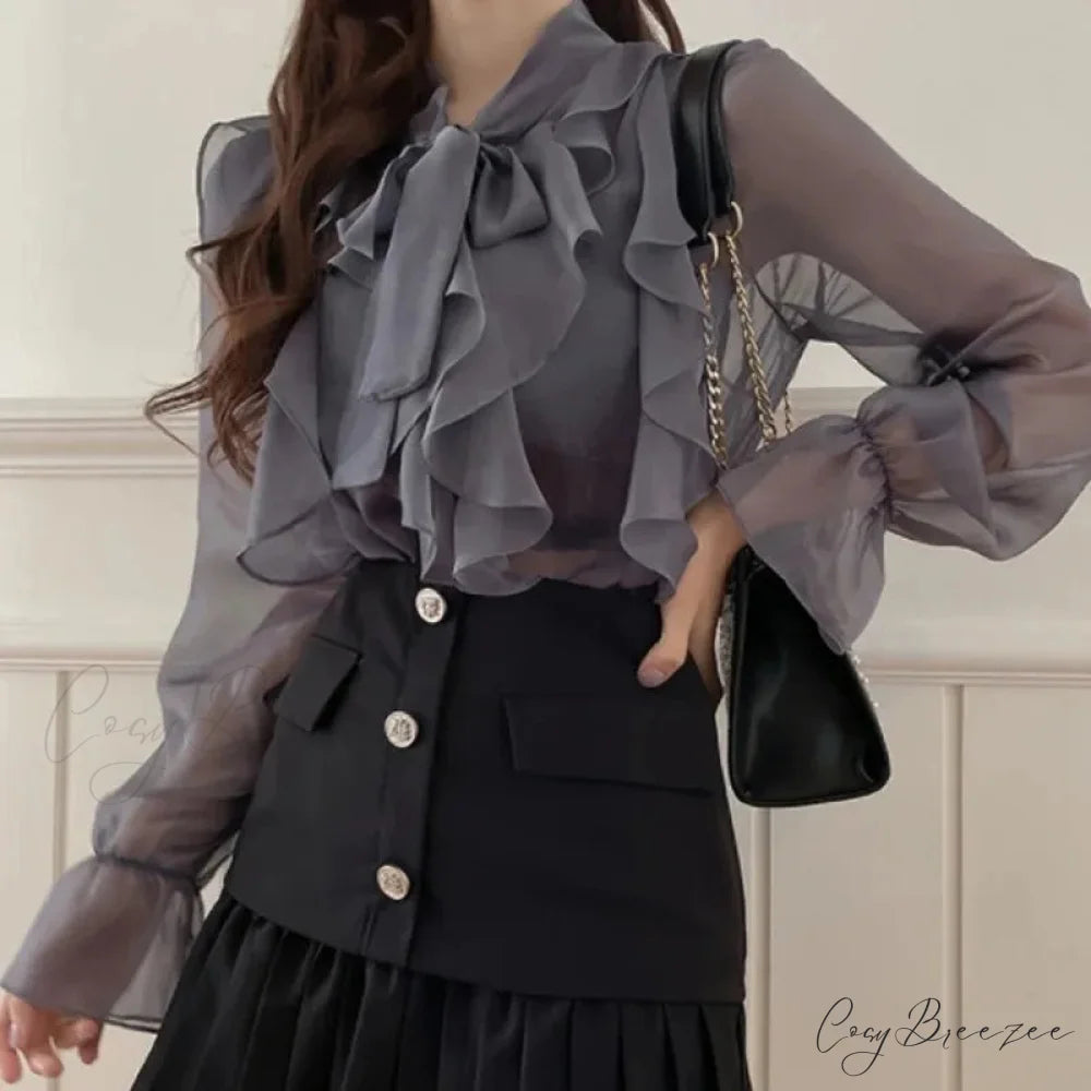Sweet Bow Chiffon Casual Long Sleeve Crop Top blouse-250126