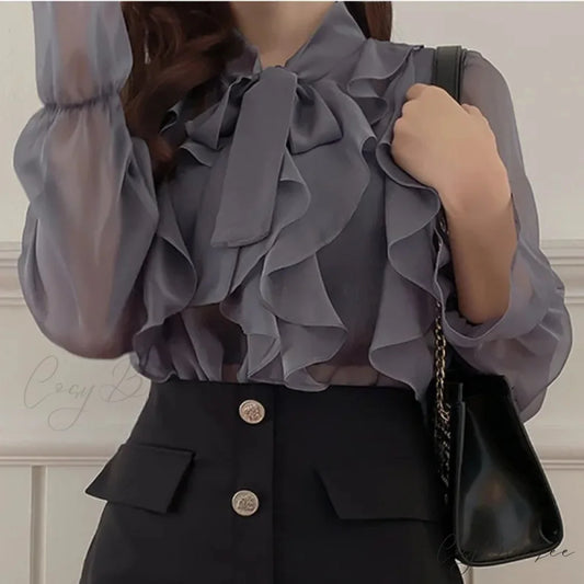 Sweet Bow Chiffon Casual Long Sleeve Crop Top GRAY / S blouse-250126