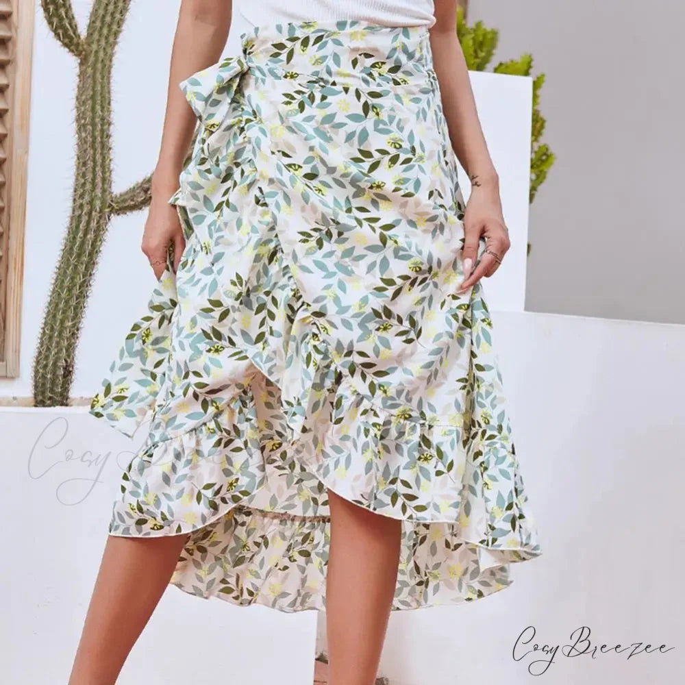 Sweet Breathable Flounce Hemline Slit Design Long Skirt Flower Color / S skirt-250126
