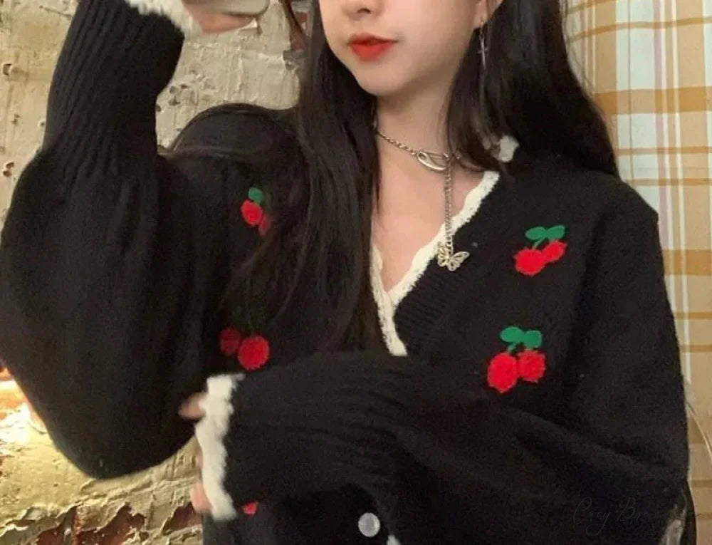 Sweet Cherry Button-Up Patchwork Knit Cardigan cardiagn-250126
