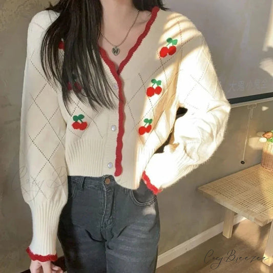 Sweet Cherry Button-Up Patchwork Knit Cardigan WHITE / One Size cardiagn-250126