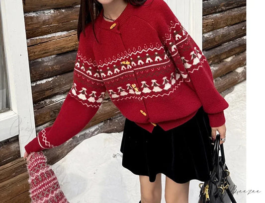 Sweet Christmas Horn Button Cardigan red cardigan / One Size