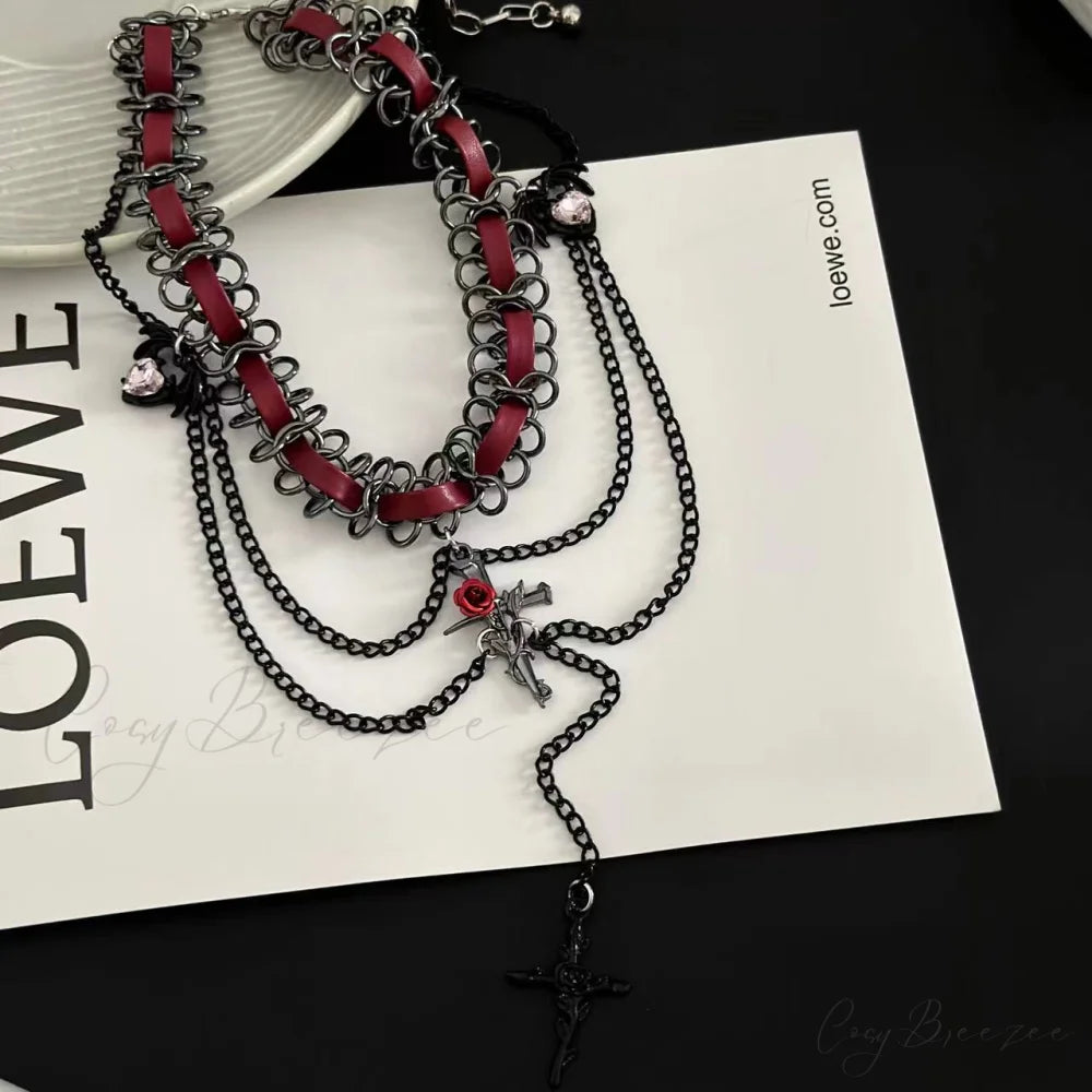 Sweet Cool Cross Red Leather Gothic Retro Tassel Layered Necklace RED