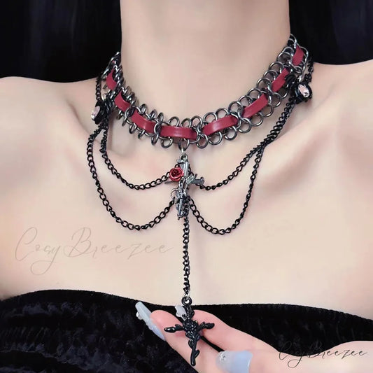 Sweet Cool Cross Red Leather Gothic Retro Tassel Layered Necklace RED