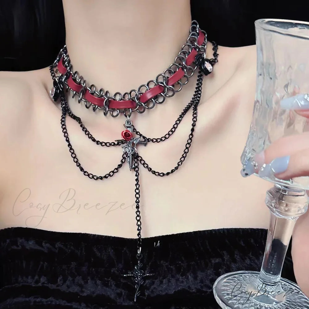Sweet Cool Cross Red Leather Gothic Retro Tassel Layered Necklace RED
