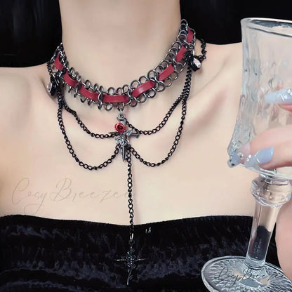 Sweet Cool Cross Red Leather Gothic Retro Tassel Layered Necklace RED