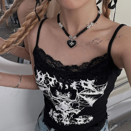 Sweet Cool Crystal Heart Beaded Necklace BLACK