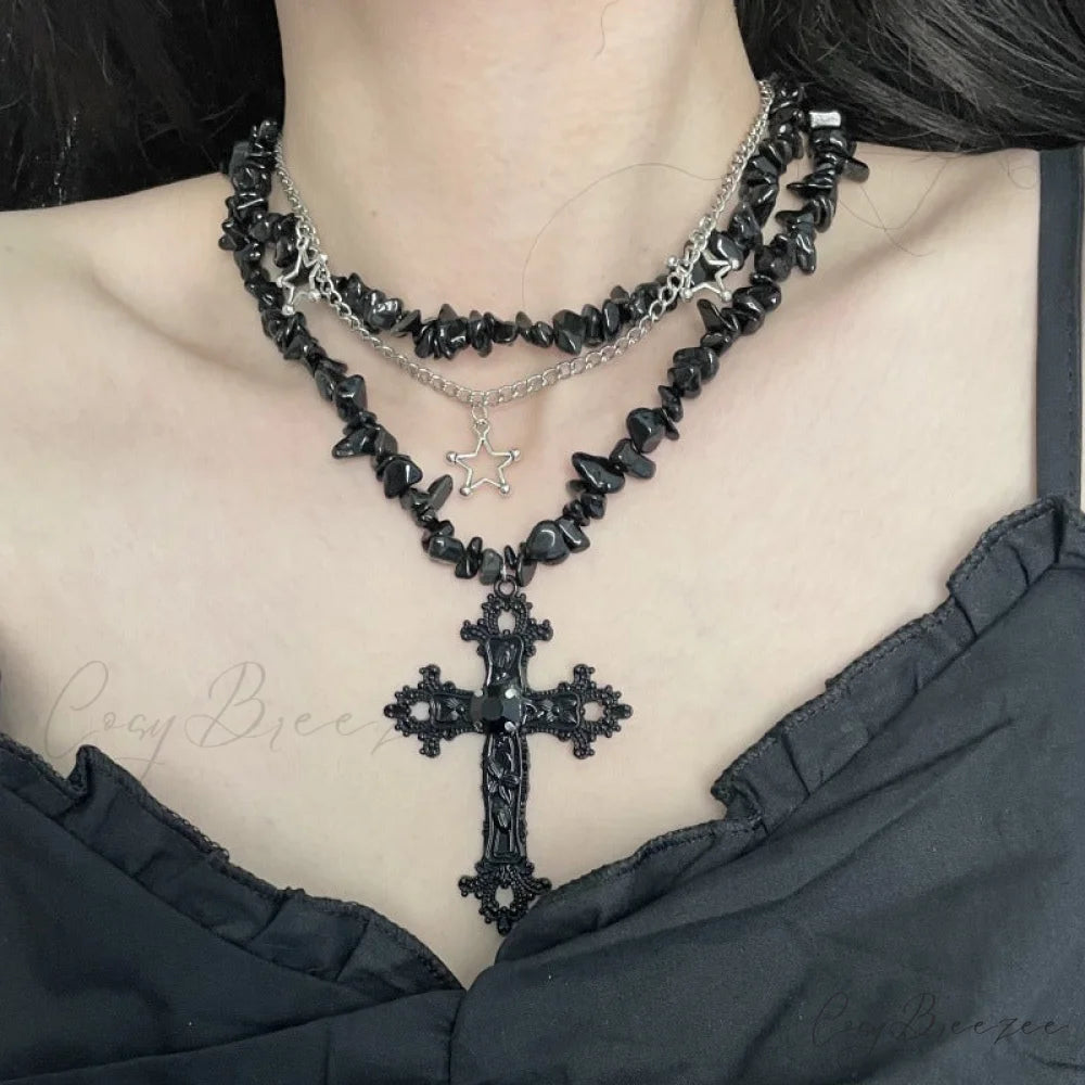 Sweet Cool Diamond Cross Star Double Layer Hip-hop Fashion Necklace BLACK
