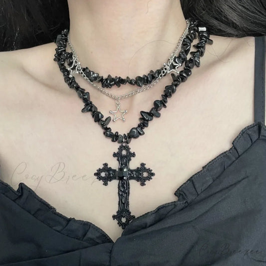Sweet Cool Diamond Cross Star Double Layer Hip-hop Fashion Necklace BLACK