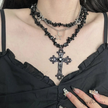Sweet Cool Diamond Cross Star Double Layer Hip-hop Fashion Necklace BLACK