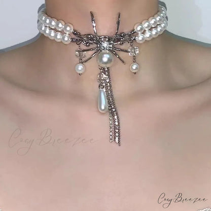 Sweet Cool Double Layer Pearl Spider Necklace SILVER