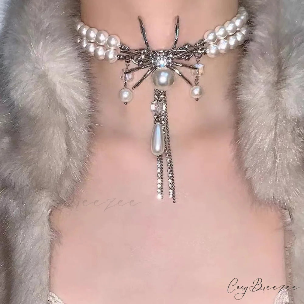 Sweet Cool Double Layer Pearl Spider Necklace SILVER