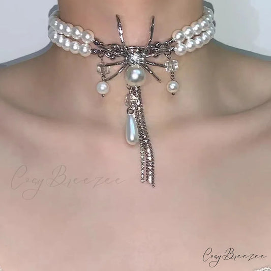 Sweet Cool Double Layer Pearl Spider Necklace SILVER